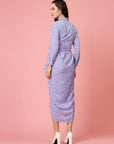 Purple White Floral Printed Shirt Collar Cuffed Sleeves Gathered Maxi Dress