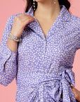 Purple White Floral Printed Shirt Collar Cuffed Sleeves Gathered Maxi Dress