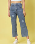 Women Blue Low Distress Light Fade Stretchable Cotton Jeans