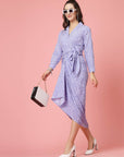 Purple White Floral Printed Shirt Collar Cuffed Sleeves Gathered Maxi Dress