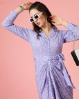 Purple White Floral Printed Shirt Collar Cuffed Sleeves Gathered Maxi Dress