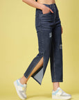 Blue Women Mildly Distressed Side Slit Stretchable Cotton Jeans