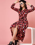 Pink Black Floral Printed Shirt Collar Cuffed Sleeves Gathered Maxi Dress