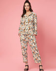 Beige & Yellow Abstract Printed Lapel Collar Shirt & Trouser