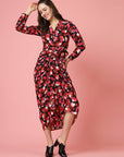 Pink Black Floral Printed Shirt Collar Cuffed Sleeves Gathered Maxi Dress