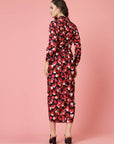 Pink Black Floral Printed Shirt Collar Cuffed Sleeves Gathered Maxi Dress