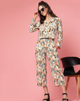 Beige & Yellow Abstract Printed Lapel Collar Shirt & Trouser
