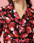 Pink Black Floral Printed Shirt Collar Cuffed Sleeves Gathered Maxi Dress