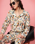Beige & Yellow Abstract Printed Lapel Collar Shirt & Trouser