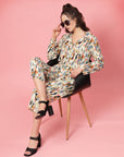 Beige & Yellow Abstract Printed Lapel Collar Shirt & Trouser
