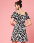 Black White Floral Printed Puff Sleeve Cut Out Monochrome Fit Flare Dress