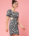 Black White Floral Printed Puff Sleeve Cut Out Monochrome Fit Flare Dress