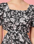 Black White Floral Printed Puff Sleeve Cut Out Monochrome Fit Flare Dress