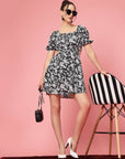 Black White Floral Printed Puff Sleeve Cut Out Monochrome Fit Flare Dress
