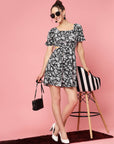 Black White Floral Printed Puff Sleeve Cut Out Monochrome Fit Flare Dress