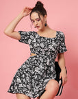 Black White Floral Printed Puff Sleeve Cut Out Monochrome Fit Flare Dress