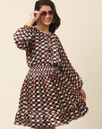 Checked Puff Sleeve A-Line Dress