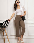Women Brown Pleated Cropped Trousers