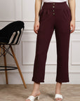 Women Burgundy Pleated Cropped Trousers
