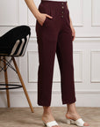 Women Burgundy Pleated Cropped Trousers