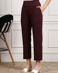 Women Burgundy Pleated Cropped Trousers