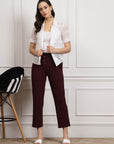 Women Burgundy Pleated Cropped Trousers
