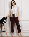 Women Burgundy Pleated Cropped Trousers
