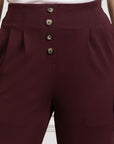 Women Burgundy Pleated Cropped Trousers