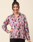 Pink Abstract Printed Cutaway Collar Casual Buttoned Top