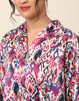 Pink Abstract Printed Cutaway Collar Casual Buttoned Top