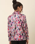 Pink Abstract Printed Cutaway Collar Casual Buttoned Top
