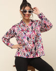 Pink Abstract Printed Cutaway Collar Casual Buttoned Top