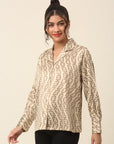 Beige Abstract Printed Cutaway Collar Casual Buttoned Top