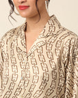 Beige Abstract Printed Cutaway Collar Casual Buttoned Top