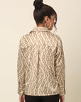Beige Abstract Printed Cutaway Collar Casual Buttoned Top