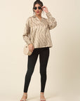Beige Abstract Printed Cutaway Collar Casual Buttoned Top