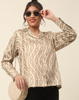Beige Abstract Printed Cutaway Collar Casual Buttoned Top