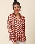 Coral Geometric Printed Spread Collar Casual Buttoned Top
