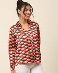 Coral Geometric Printed Spread Collar Casual Buttoned Top