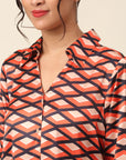 Coral Geometric Printed Spread Collar Casual Buttoned Top