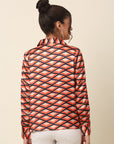 Coral Geometric Printed Spread Collar Casual Buttoned Top