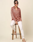 Coral Geometric Printed Spread Collar Casual Buttoned Top