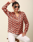 Coral Geometric Printed Spread Collar Casual Buttoned Top