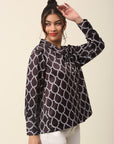 Black Geometric Printed Casual Buttoned Top