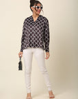 Black Geometric Printed Casual Buttoned Top