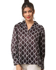 Black Geometric Printed Casual Buttoned Top