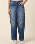 Women Blue Heavy Fade Whiskers and chevrons Effect Stretchable Cotton Jeans