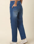 Women Blue Heavy Fade Whiskers and chevrons Effect Stretchable Cotton Jeans