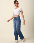 Women Blue Heavy Fade Whiskers and chevrons Effect Stretchable Cotton Jeans