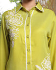 Shirt Collar Embroidered Cotton Shirt With Trousers Co-Ords Set lime-green